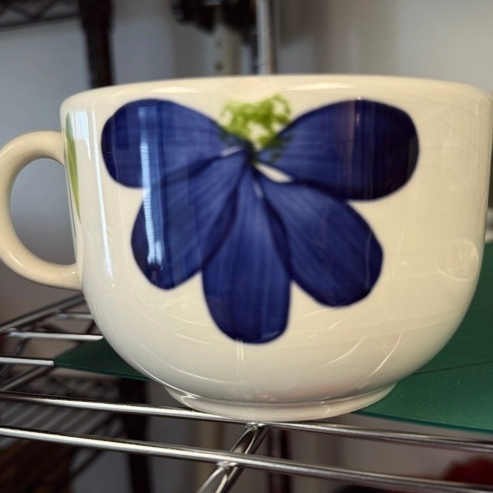 MAXAM Painted Large Ceramic Soup Mug Bowl Blue Floral Yellow Flower Made Italy